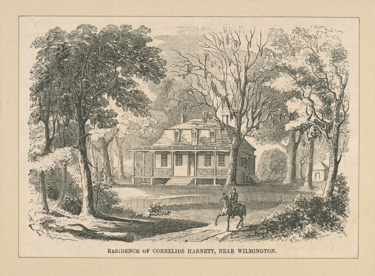 An engraving of Cornelius Harnett's residence near Wilmington
