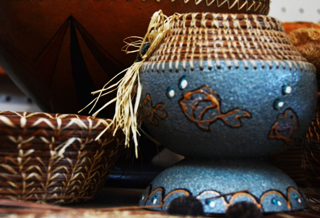 Coiled baskets and glazed pottery