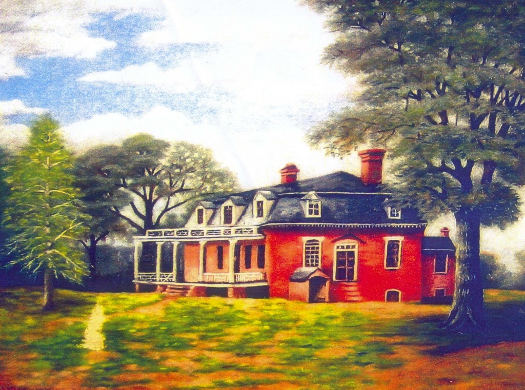 A painting of Maynard, Cornelius Harnett's red brick home