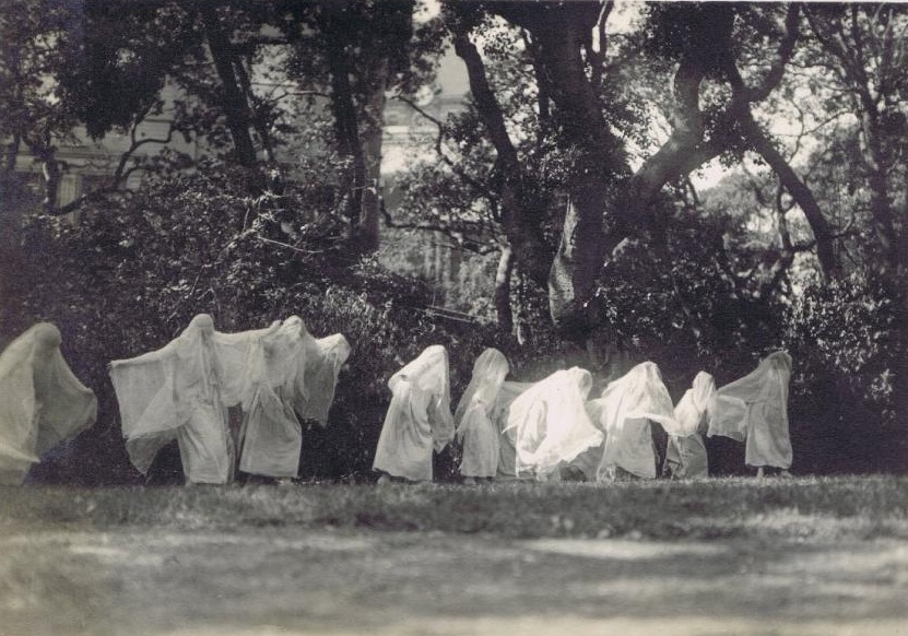 A line of figures in white robes among the trees at night